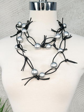 Round Beads on Leatherette Chain Necklace, Silver/Black
