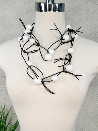 Round Beads on Leatherette Chain Necklace, White/Black