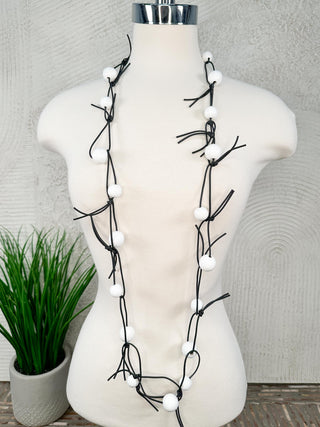 Round Beads on Leatherette Chain Necklace, White/Black
