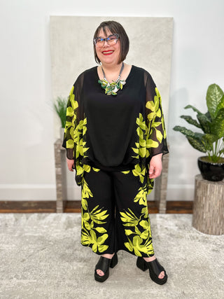 Chiffon & Silky Knit Floral Poncho Top, Black/Multi