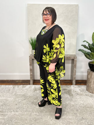 Chiffon & Silky Knit Floral Poncho Top, Black/Multi