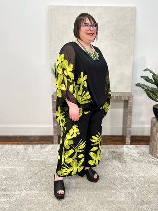 Chiffon & Silky Knit Floral Poncho Top, Black/Multi