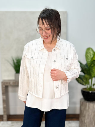 Joseph Ribkoff Denim Jacket With Rhinestones, White - Statement Boutique