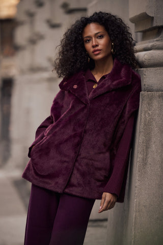 Faux Fur Funnel-Neck Boxy Vest, Elderberry