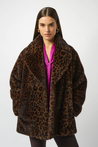 Joseph Ribkoff Faux Fur Leopard Print Double-Breasted Coat, Beige/Black - Statement Boutique