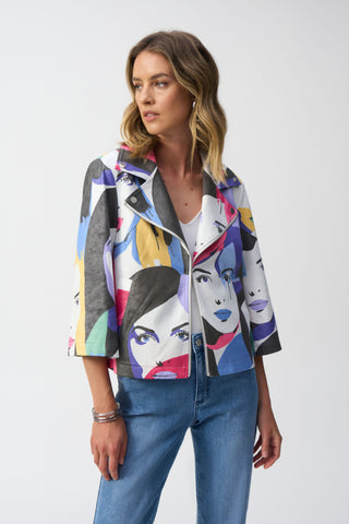 Joseph Ribkoff Faux Suede Face Print Trapeze Jacket, Vanilla/Multi - Statement Boutique