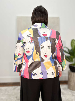 Joseph Ribkoff Faux Suede Face Print Trapeze Jacket, Vanilla/Multi - Statement Boutique