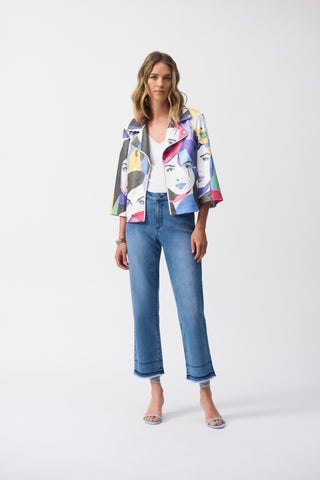 Joseph Ribkoff Faux Suede Face Print Trapeze Jacket, Vanilla/Multi - Statement Boutique