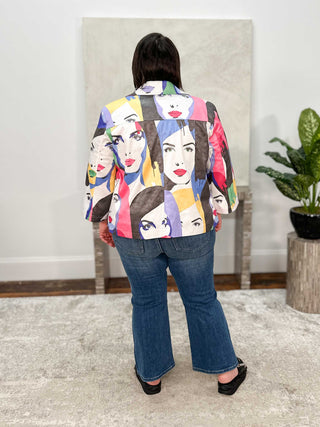 Joseph Ribkoff Faux Suede Face Print Trapeze Jacket, Vanilla/Multi - Statement Boutique