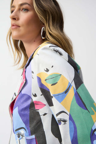 Joseph Ribkoff Faux Suede Face Print Trapeze Jacket, Vanilla/Multi - Statement Boutique