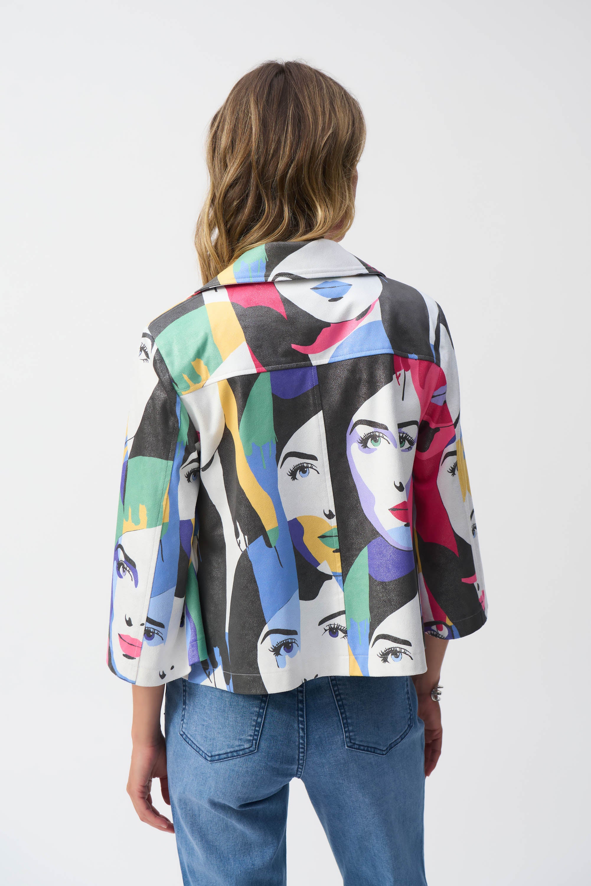 Joseph Ribkoff Faux Suede Face print Trapeze Jacket, Vanilla