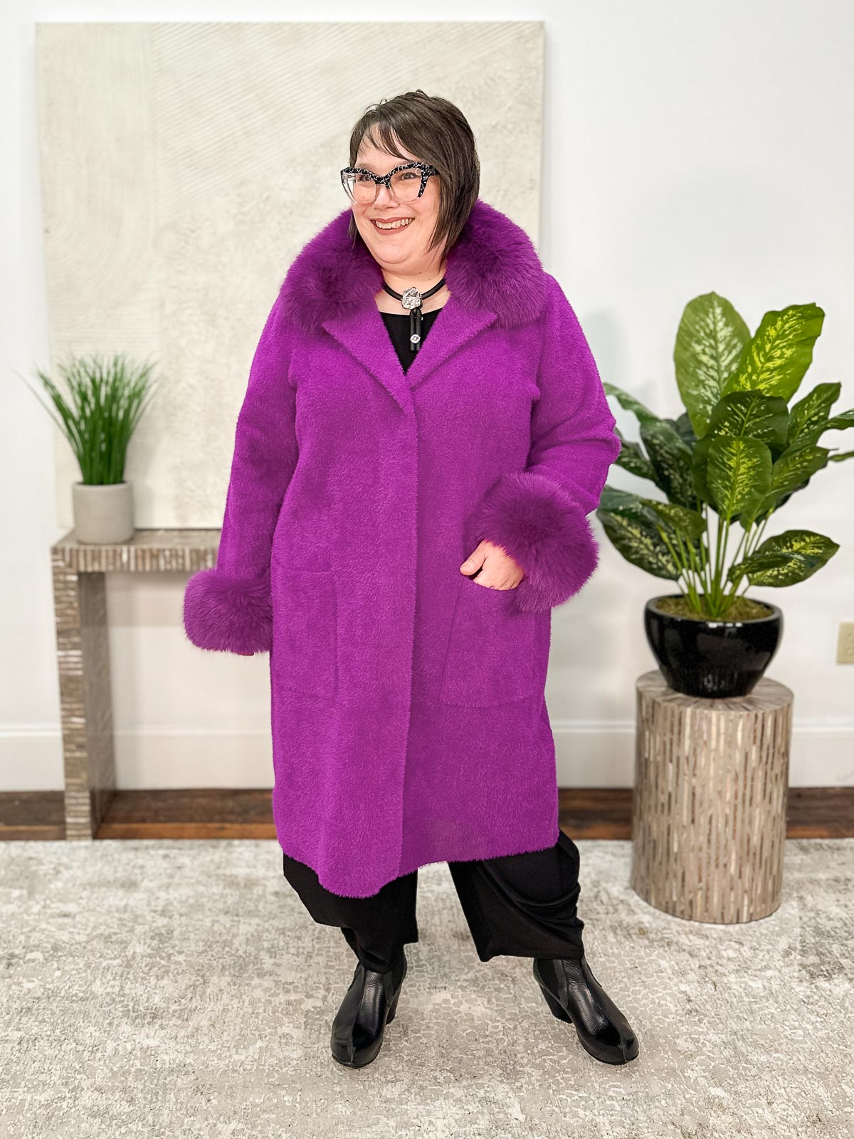 Joseph Ribkoff Feather Yarn Faux Fur Trim Sweater Coat Empress Statement Boutique
