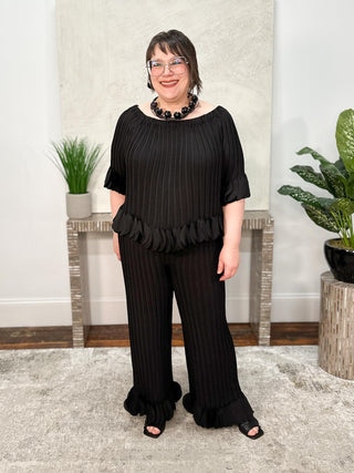 Georgette Wide Leg Pleated Pants, Black