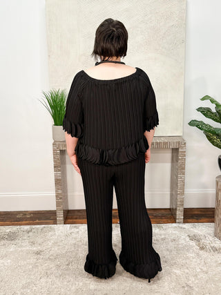 Georgette Wide Leg Pleated Pants, Black