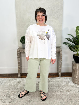 Joseph Ribkoff Goldie | Featherweave Denim Wide Leg Cropped Jeans, Seafoam - Statement Boutique