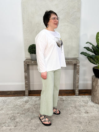 Joseph Ribkoff Goldie | Featherweave Denim Wide Leg Cropped Jeans, Seafoam - Statement Boutique