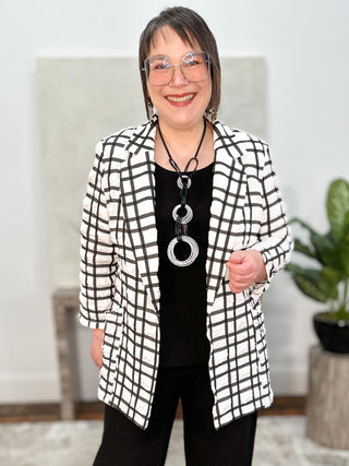 Jacquard Plaid Print Boxy Blazer With Notched Collar, Off-White/Black