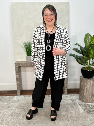 Jacquard Plaid Print Boxy Blazer With Notched Collar, Off-White/Black