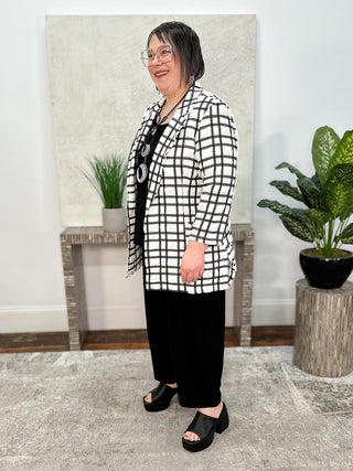 Jacquard Plaid Print Boxy Blazer With Notched Collar, Off-White/Black