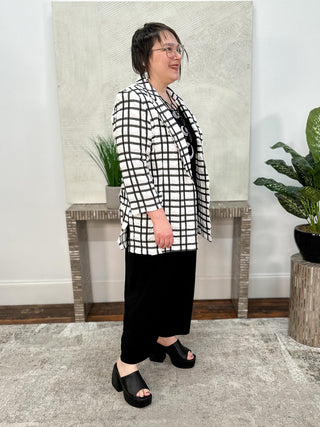 Jacquard Plaid Print Boxy Blazer With Notched Collar, Off-White/Black