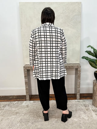 Jacquard Plaid Print Boxy Blazer With Notched Collar, Off-White/Black