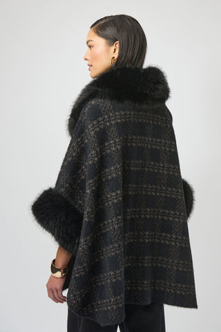Jacquard Sweater Knit Cape with Faux Fur Accents, Black/Gold