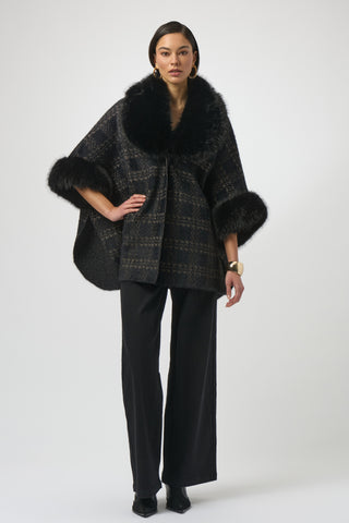 Jacquard Sweater Knit Cape with Faux Fur Accents, Black/Gold