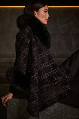 Jacquard Sweater Knit Cape with Faux Fur Accents, Black/Gold