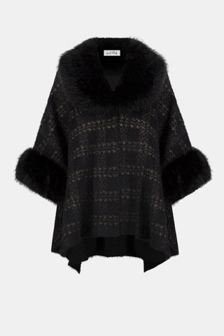Jacquard Sweater Knit Cape with Faux Fur Accents, Black/Gold