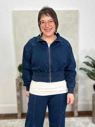 Knit Denim Bomber Jacket, Dark Denim Blue
