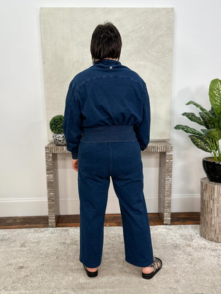 Knit Denim Cropped Pull-On Pants, Dark Denim Blue