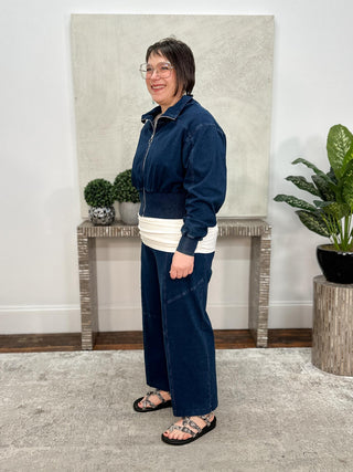 Knit Denim Bomber Jacket, Dark Denim Blue
