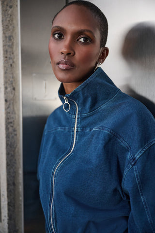 Knit Denim Bomber Jacket, Dark Denim Blue