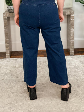 Knit Denim Cropped Pull-On Pants, Dark Denim Blue