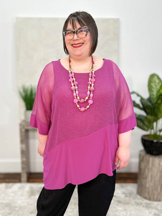 Joseph Ribkoff Mesh & Silky Knit Angled Top, Purple Orchid - Statement Boutique