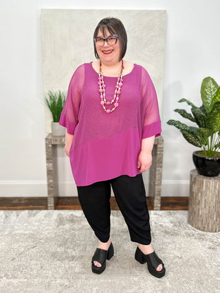 Joseph Ribkoff Mesh & Silky Knit Angled Top, Purple Orchid - Statement Boutique