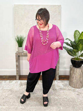 Joseph Ribkoff Mesh & Silky Knit Angled Top, Purple Orchid - Statement Boutique