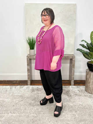 Joseph Ribkoff Mesh & Silky Knit Angled Top, Purple Orchid - Statement Boutique