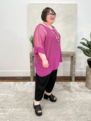 Joseph Ribkoff Mesh & Silky Knit Angled Top, Purple Orchid - Statement Boutique