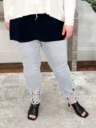 Joseph Ribkoff Pearl & Cut-out Slim Leg Pull-On Jeans, Light Blue Denim - Statement Boutique