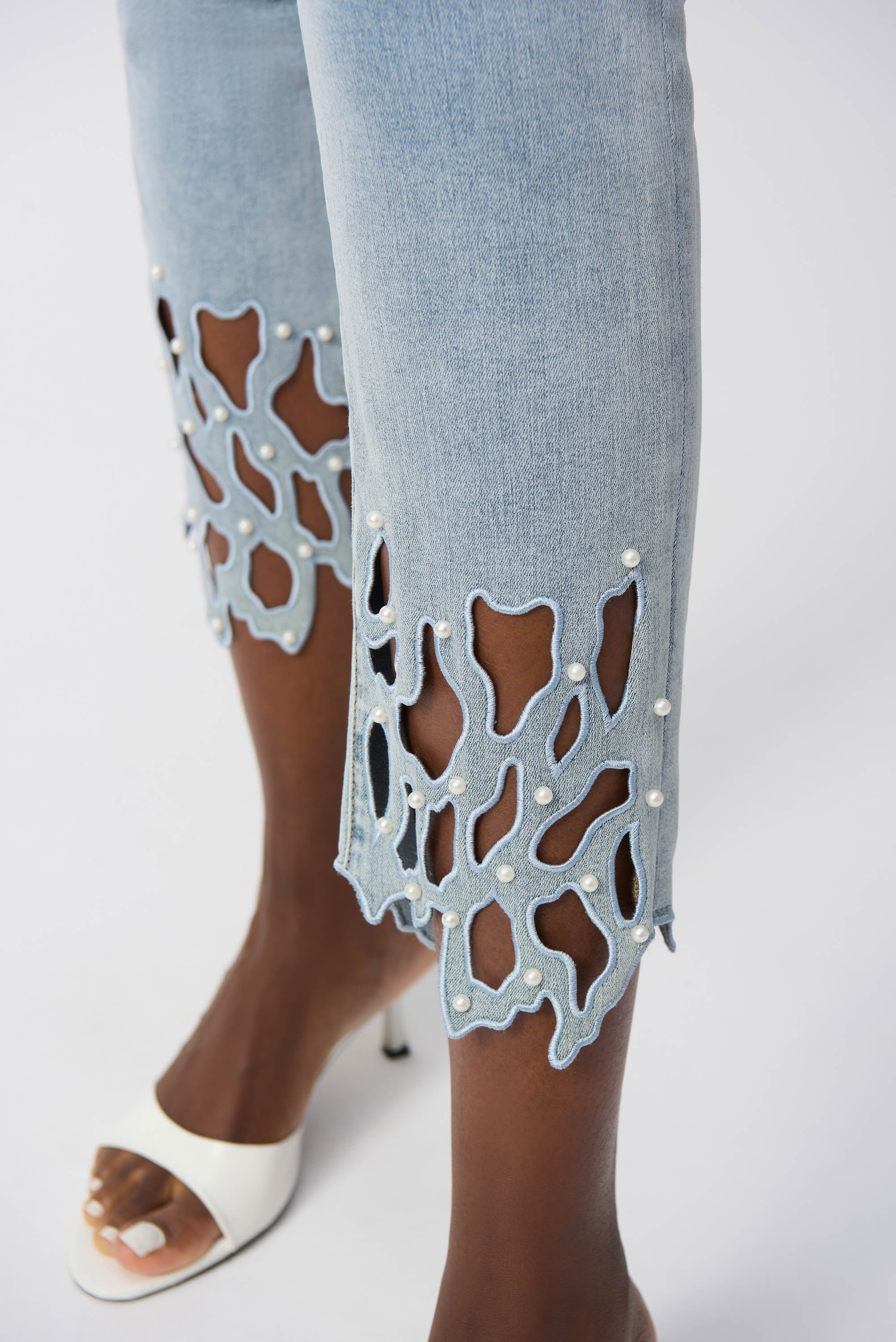 Joseph Ribkoff Pearl & Cut-out Slim Leg Pull-On Jeans, Light Blue