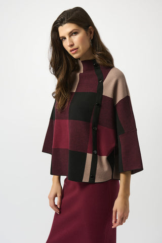 Joseph Ribkoff Plaid Jacquard Sweater Knit Top, Merlot/Multi - Statement Boutique
