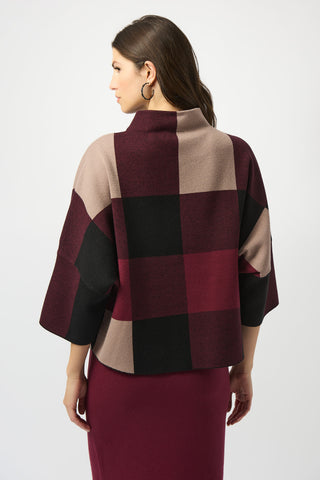 Joseph Ribkoff Plaid Jacquard Sweater Knit Top, Merlot/Multi - Statement Boutique