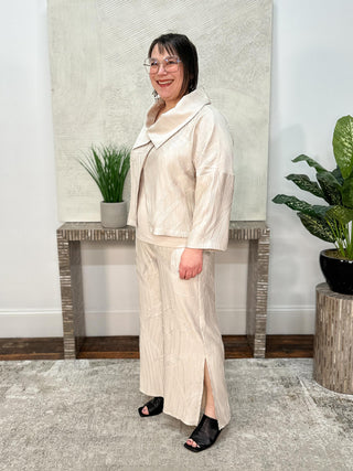 Joseph Ribkoff Pleated Satin Boxy Jacket With Overlay Collar, Moonstone - Statement Boutique