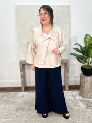 Pleated Satin Boxy Jacket With Overlay Collar, Moonstone