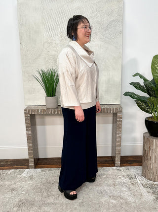 Pleated Satin Boxy Jacket With Overlay Collar, Moonstone