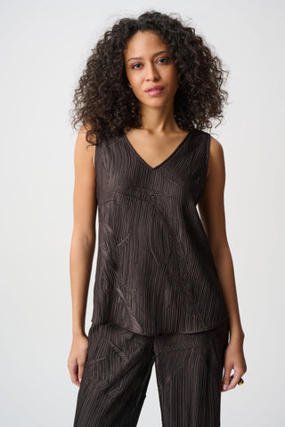 Pleated Satin Flared V-Neck Tank Top, Mocha