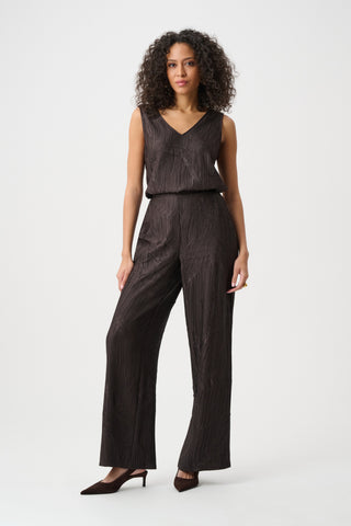 Pleated Satin Flared V-Neck Tank Top, Mocha