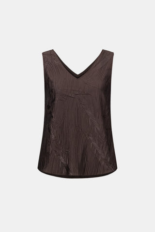 Pleated Satin Flared V-Neck Tank Top, Mocha
