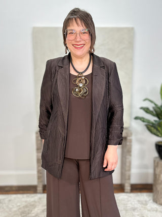 Pleated Satin Open Blazer, Mocha